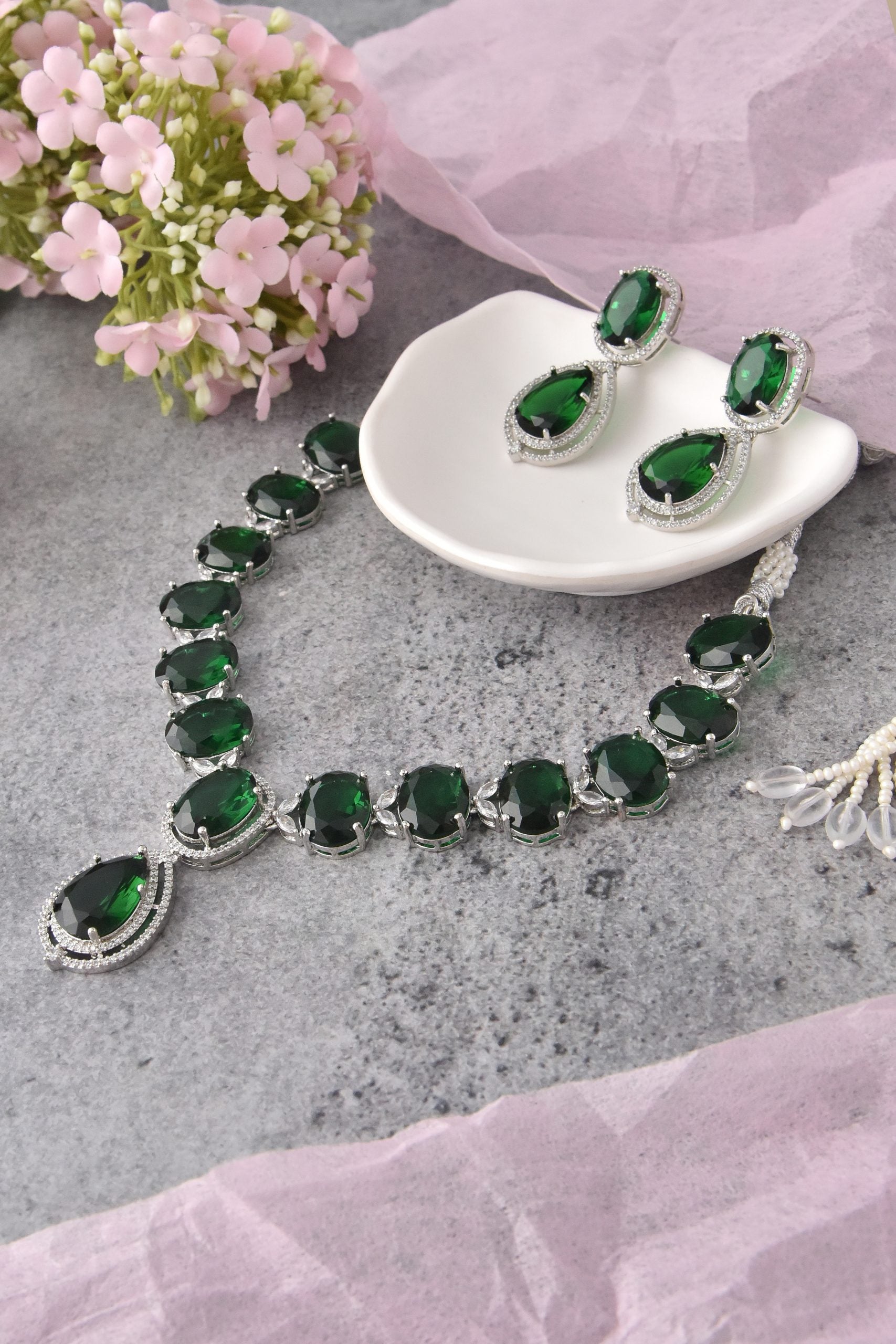 Emerald Silver Tone Zirconia Necklace Set