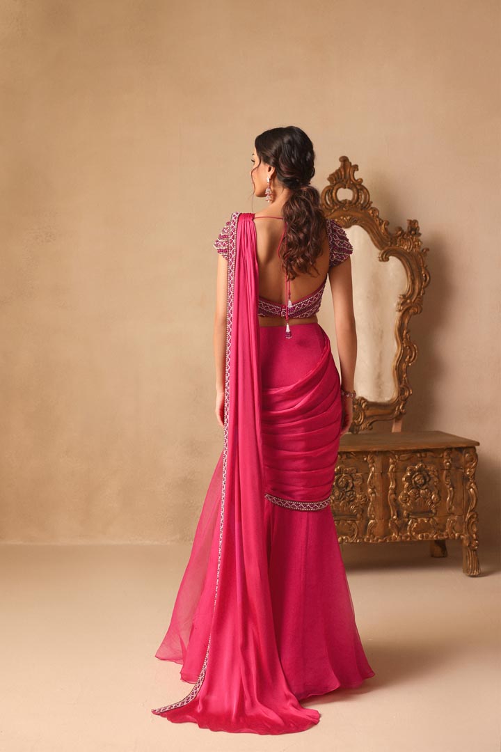 Pink Drape Hand Embroidery Saree