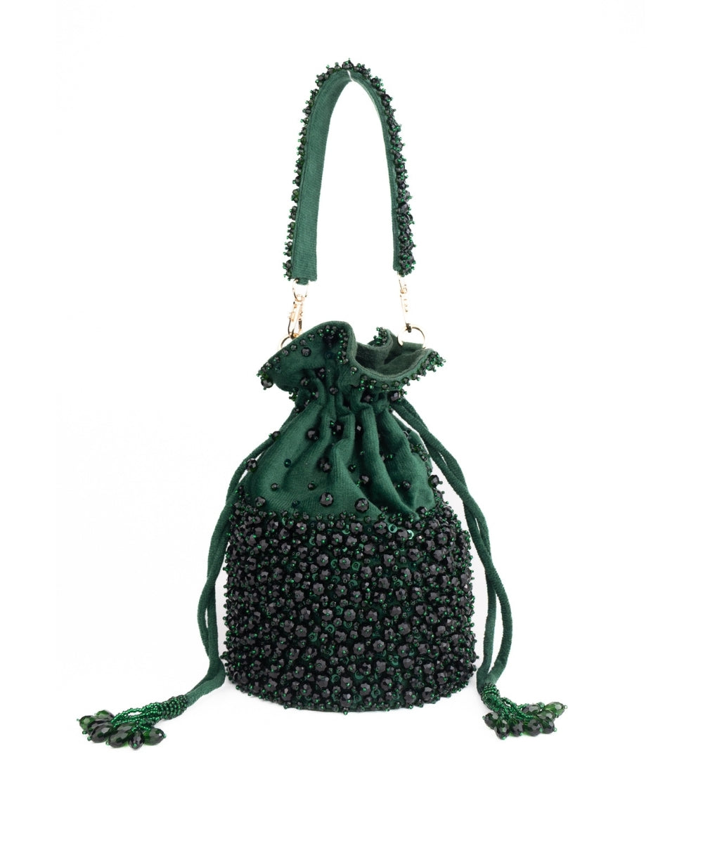 Zaria Green Suede Crystal Embellished Bucket Bag