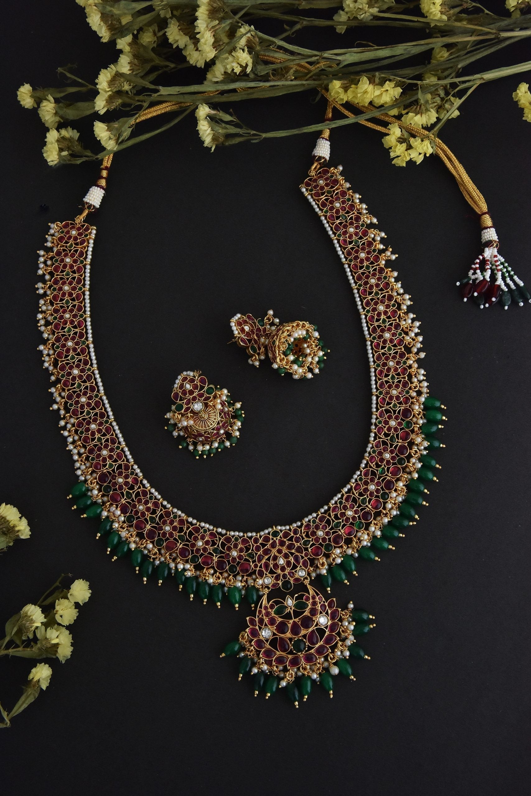 Red and Green Jadau Kundan Necklace Set