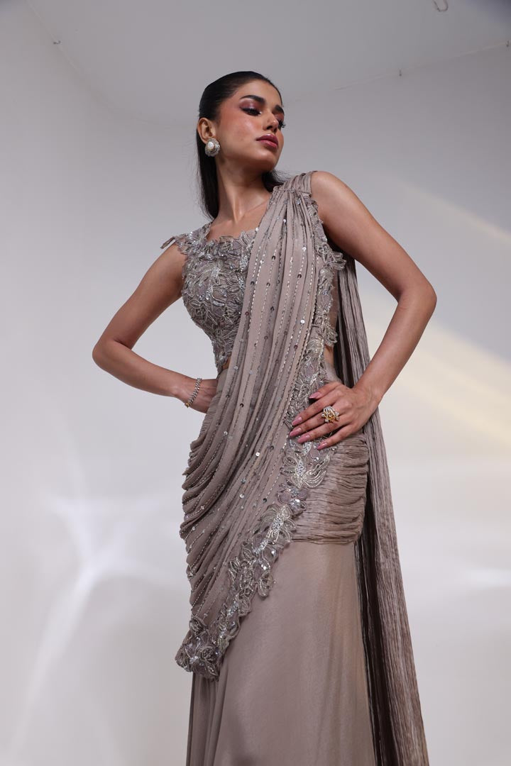 Ash Grace Draped Saree Gown AAD556ASH