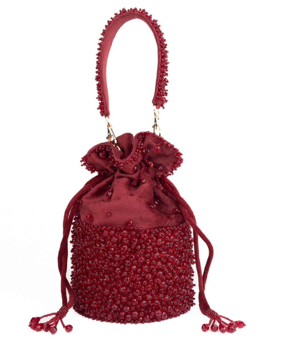 Zaria Maroon Suede Crystal Embellished Bucket Bag