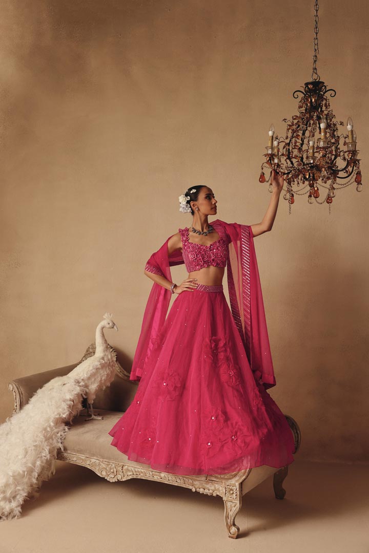 Hand Embroidered Elegant Pink 3D Flowers Lehenga Set