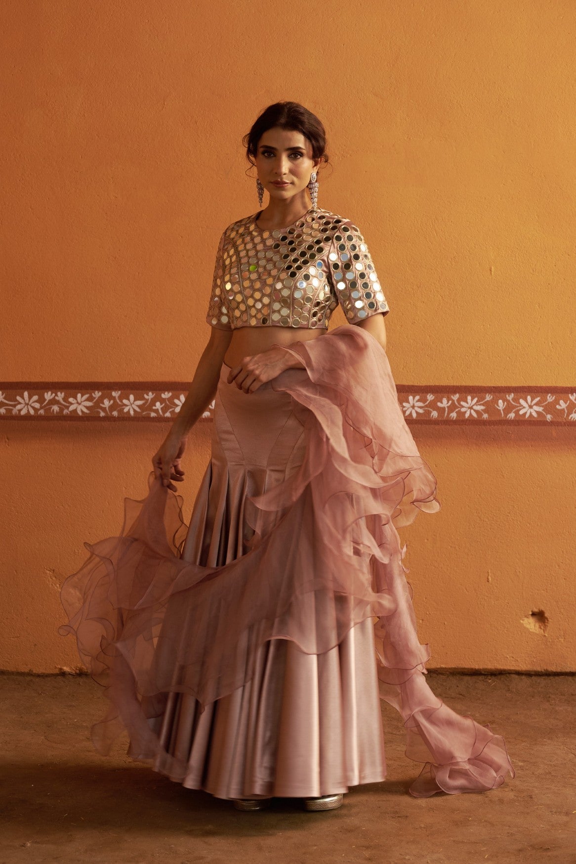Hand-Embroidered Mirror Work Blouse with Blush Pink Kalidar Lehenga & Ruffle Dupatta