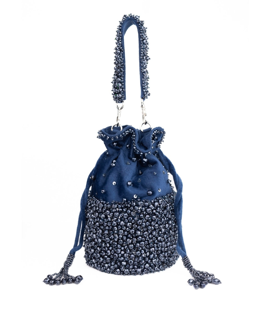 Zaria Navy Blue Suede Crystal Embellished Bucket Bag