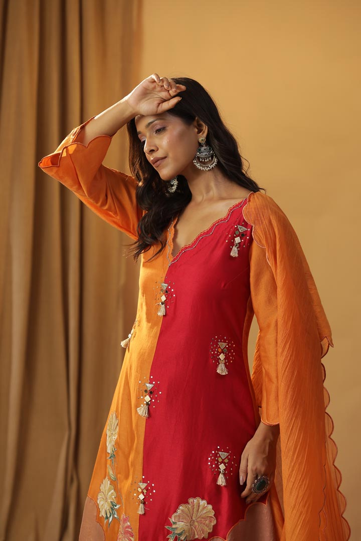 Image of ORANGE HANDPAINTED CHANDERI SILK SUIT SET