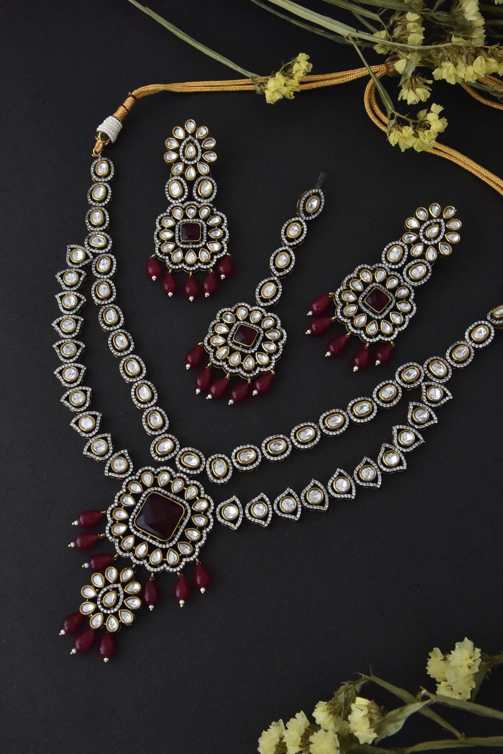 Red Rhodium Tone Polki Necklace Set with Maang Tikka