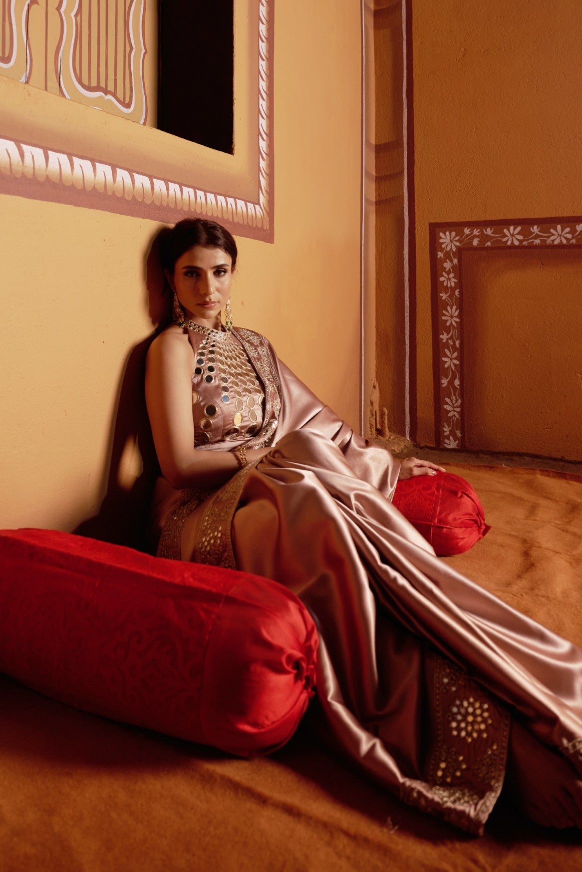 Sun ray hand embroidered blouse with mirror work border saree