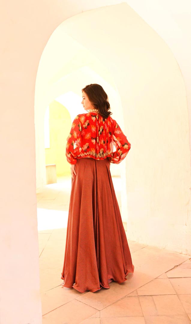 Image of Gulbahar Chilly  poppy boho top with stripe skirt and belt set
