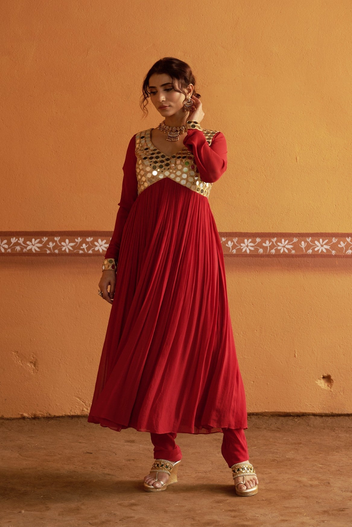 Hand-Embroidered Mirror Work Anarkali with Churidar Pyjama & Dupatta