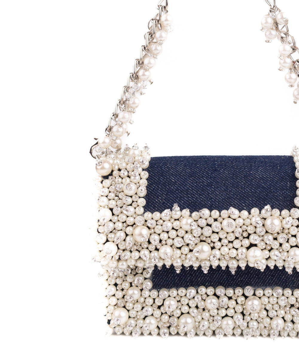 Elana Denim Pearl Embellished Mini Bag
