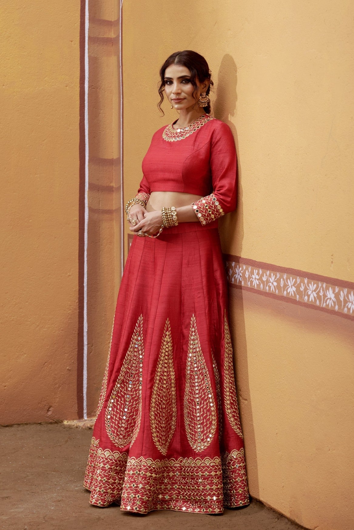 Kalidar red hand embroidered lehenga with blouse and dupatta