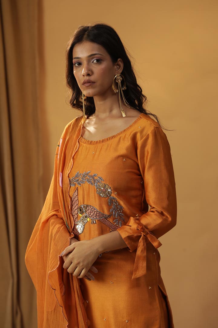 Image of RUST ORANGE BIRD EMBROIDERED SUIT SET