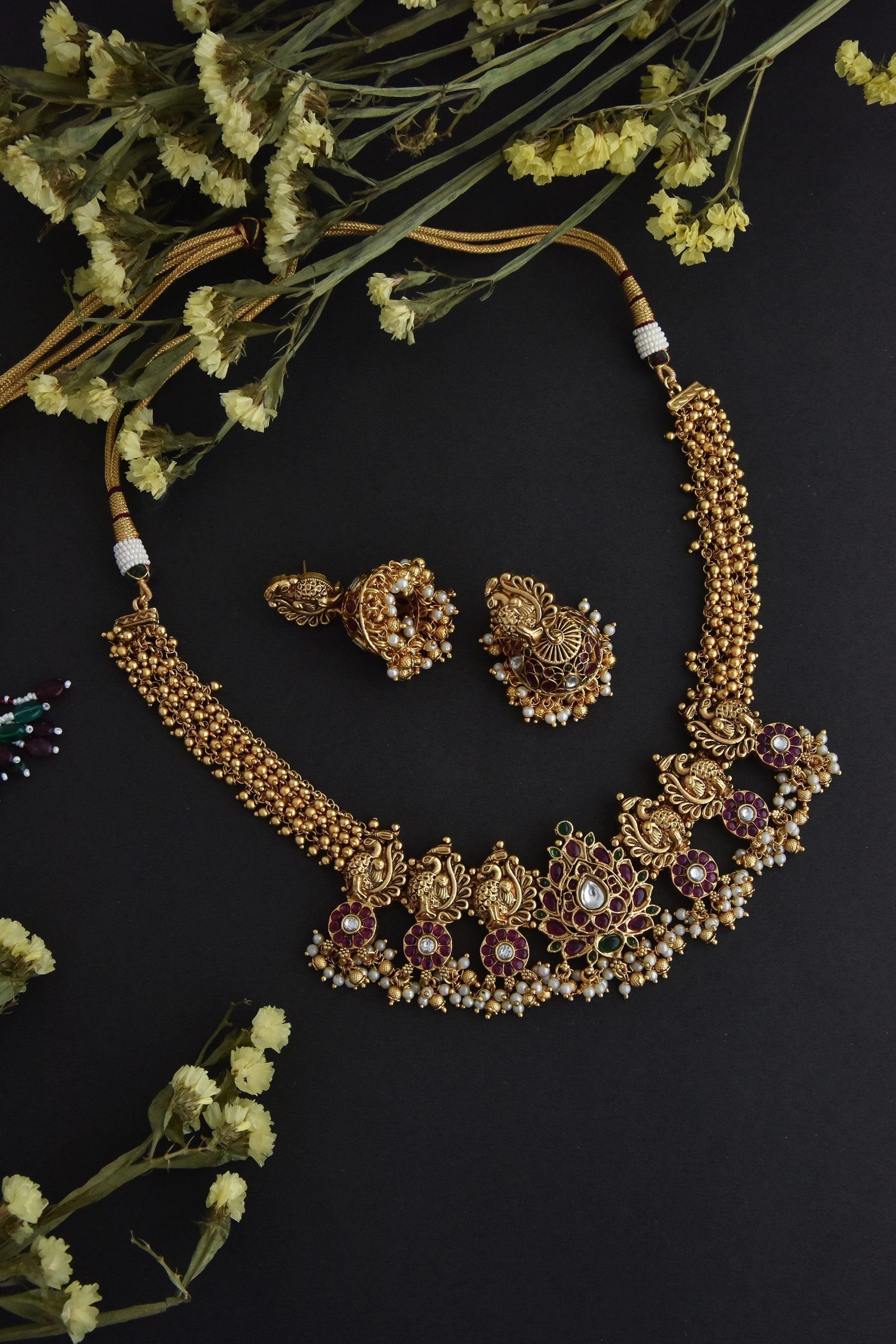 Red and Green Gold Tone jadau Kundan Necklace Set