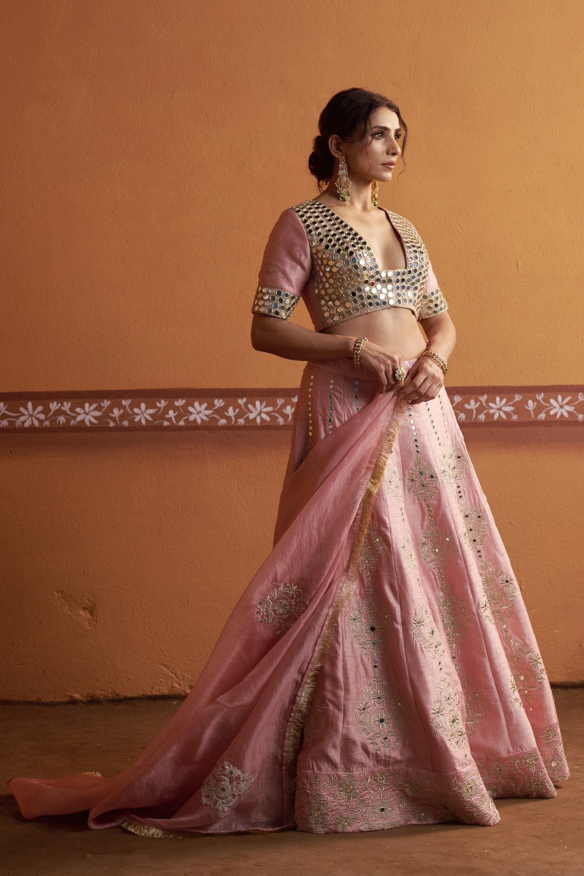 Kalidar blush pink hand embroidered lehenga with blouse and dupatta