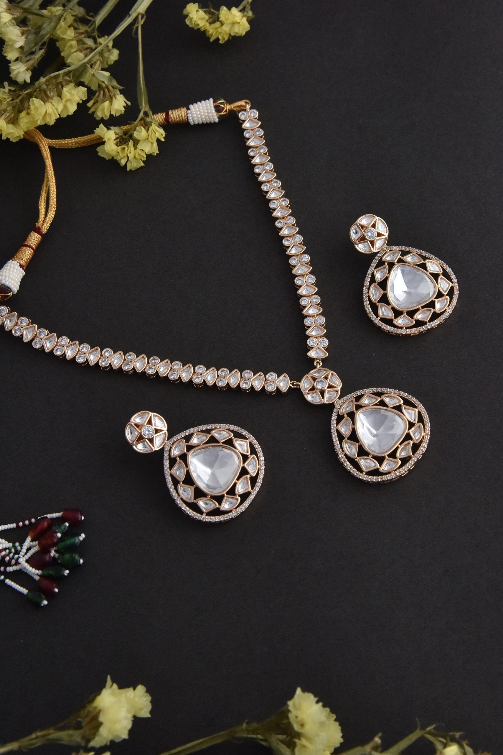 White Rose Gold Tone Polki Necklace Set