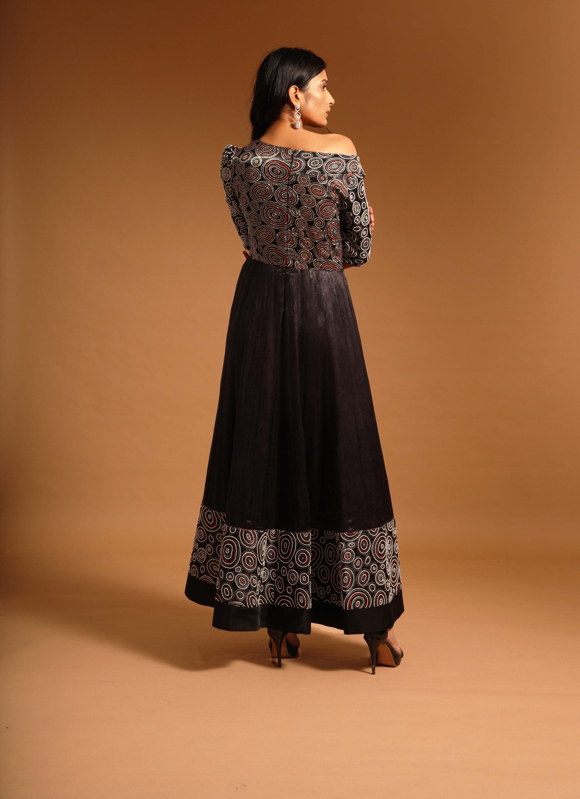 Black fully embroidered one off shoulder ajrakh anarkali
