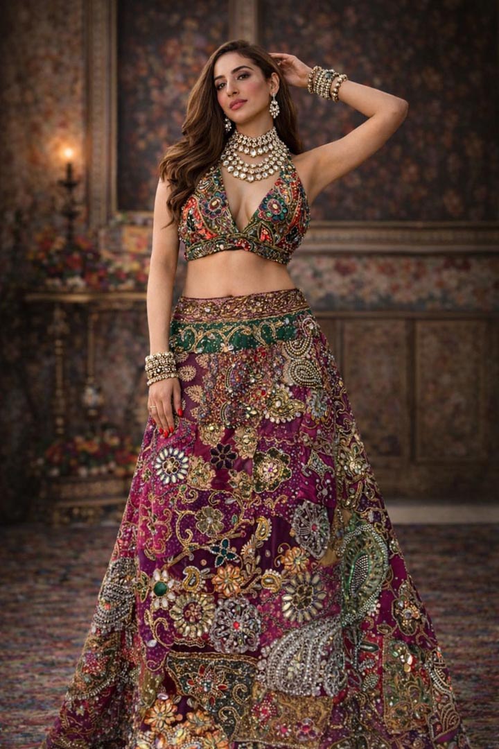 Maroon Handcrafted A-Line Skirt Set for Sangeet & Weddings