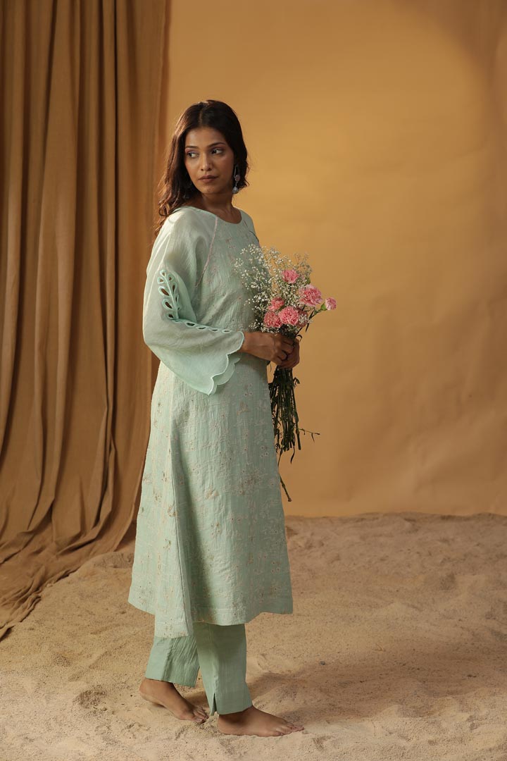 Image of SEA GREEN EMBROIDERED SUIT SET