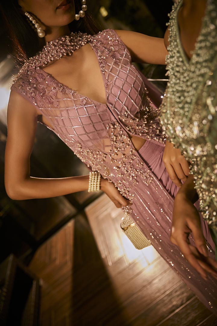 Lilac embellished cape with attached bralette and draped skirt