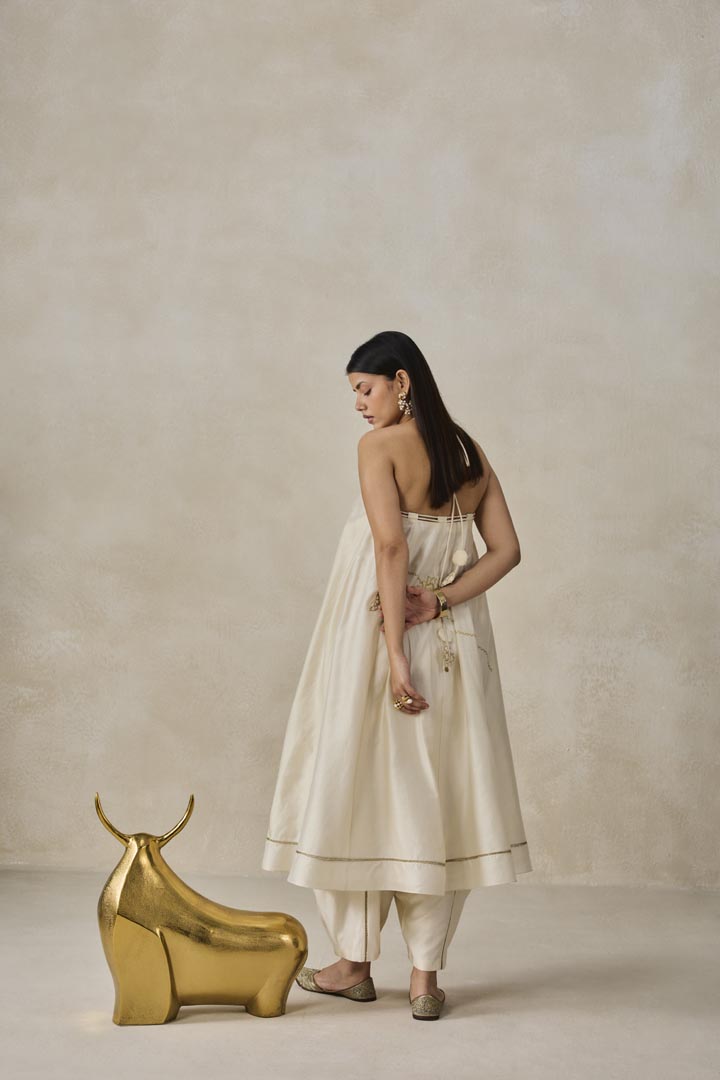 Ivory Chanderi Off-Shoulder Kurta Pant Set - Festive Designer Wear