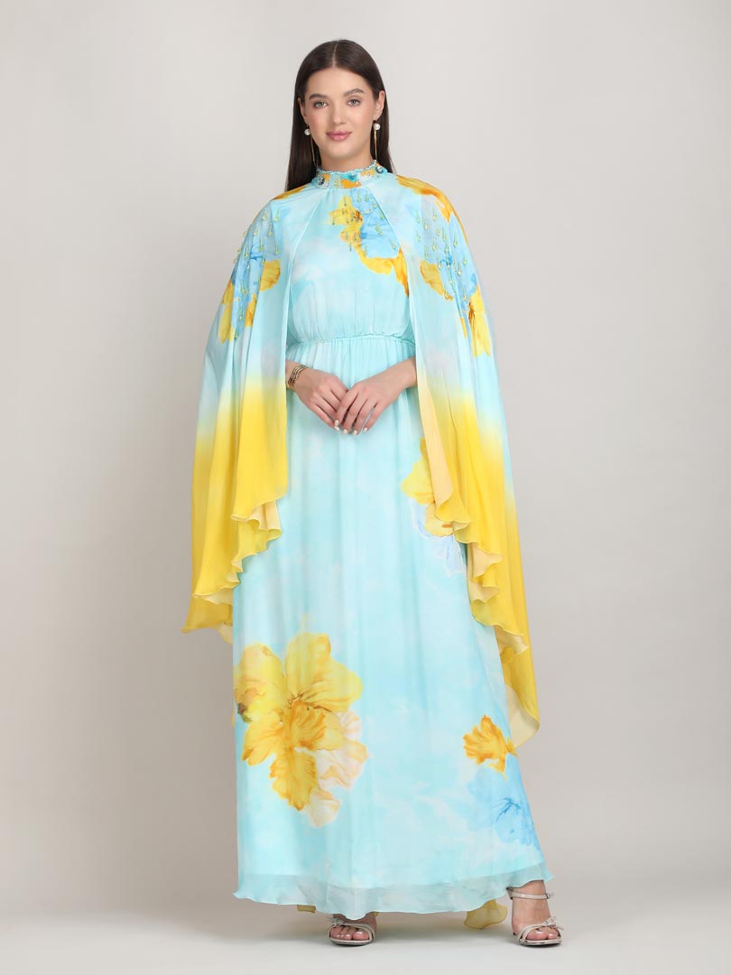 Aurora Bloom Tonal Teal placement print dress