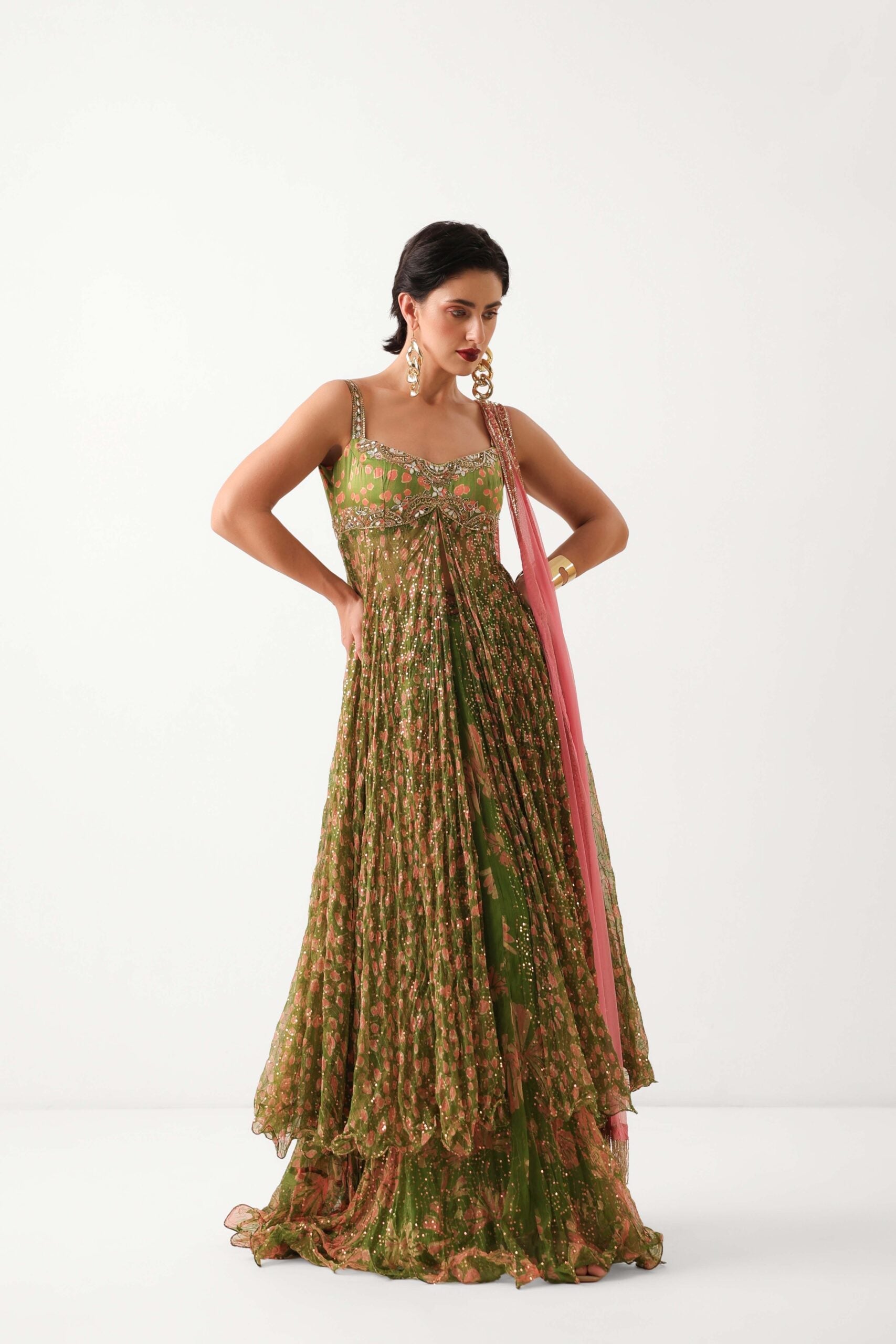 The Calcutta Mehendi set       in avacado green with gulabi dupatta