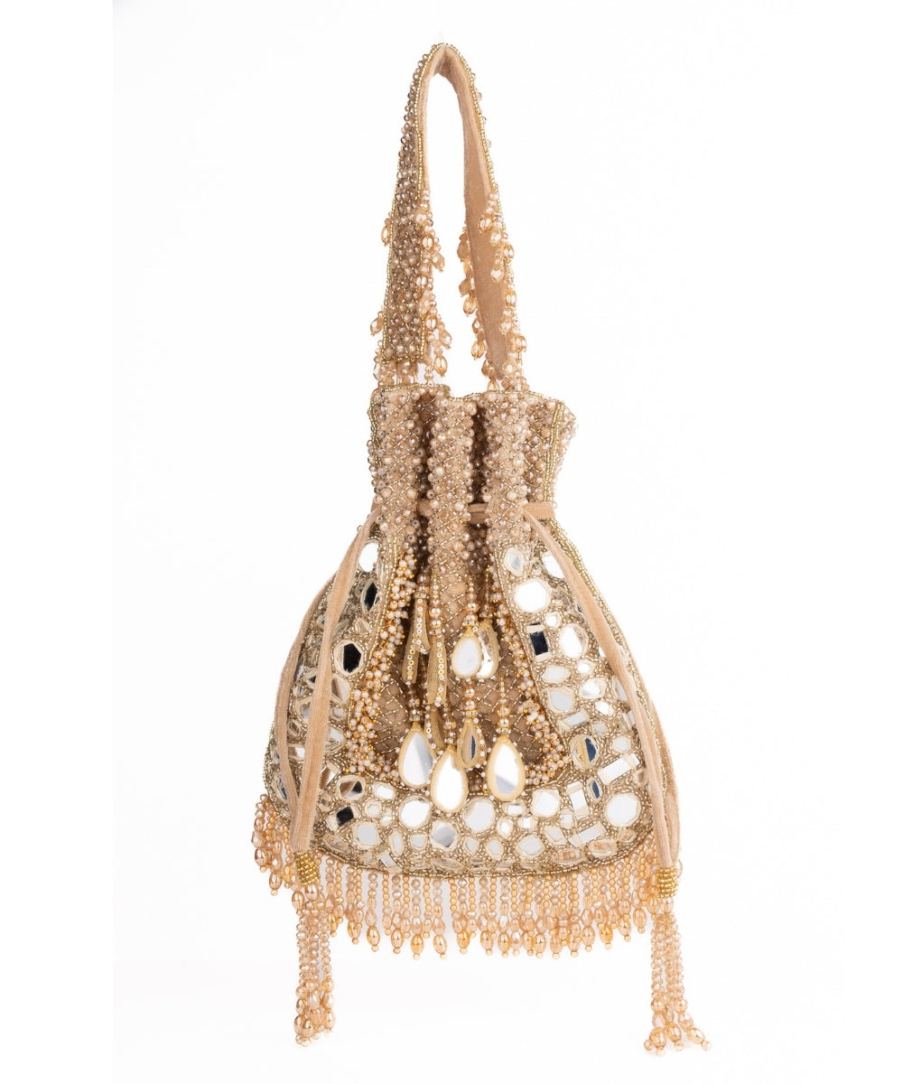 Tarah Gold Suede Mirror Embellished Potli