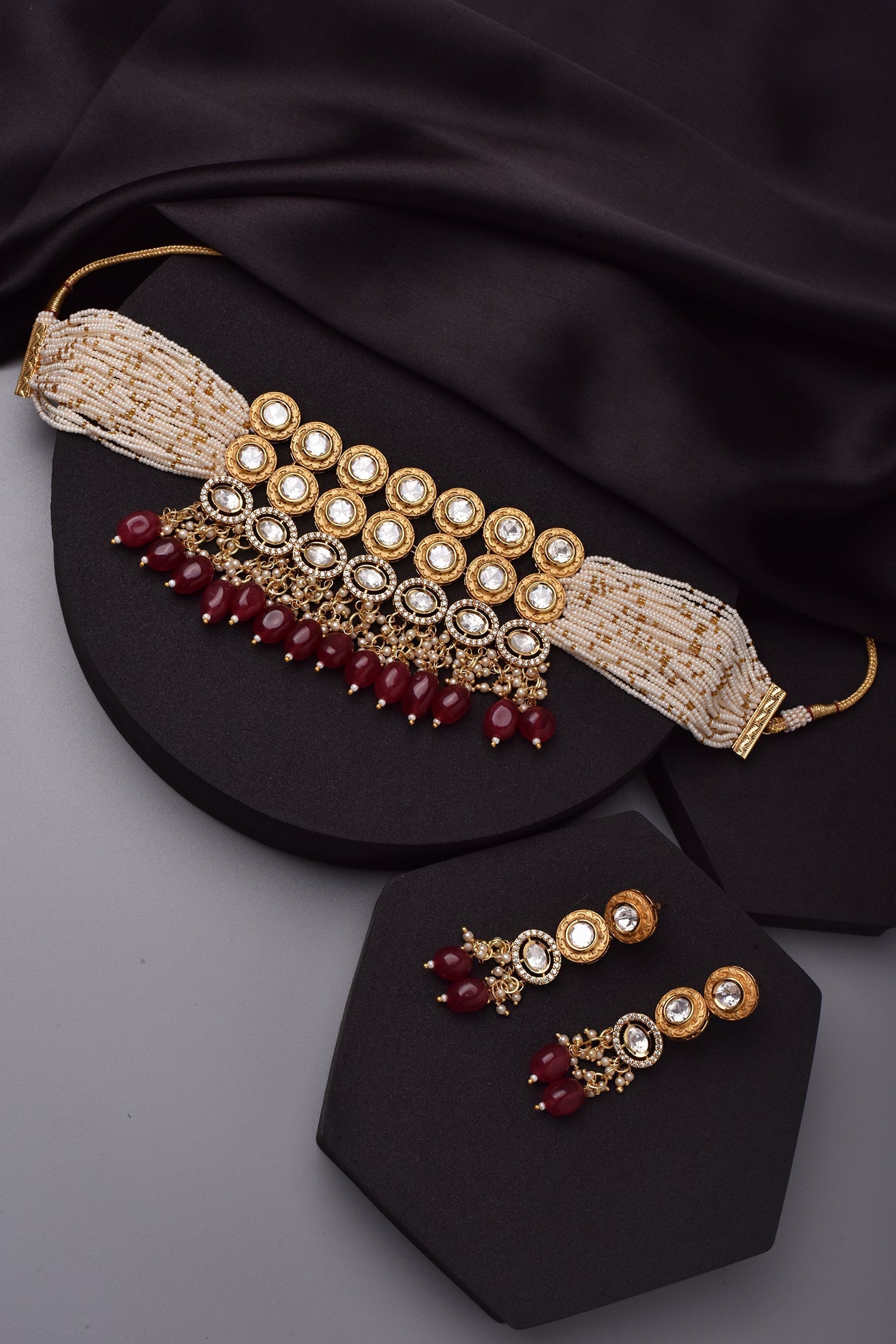 Red Gold Tone Kundan and Pearl Choker Set