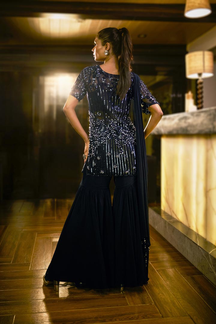 Midnight Blue sharara set with pearl and bead embellishments