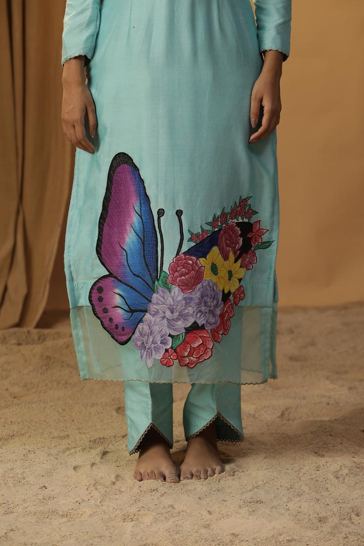 Image of SKY BLUE BUTTERFLY HANDPAINTED SUIT SET