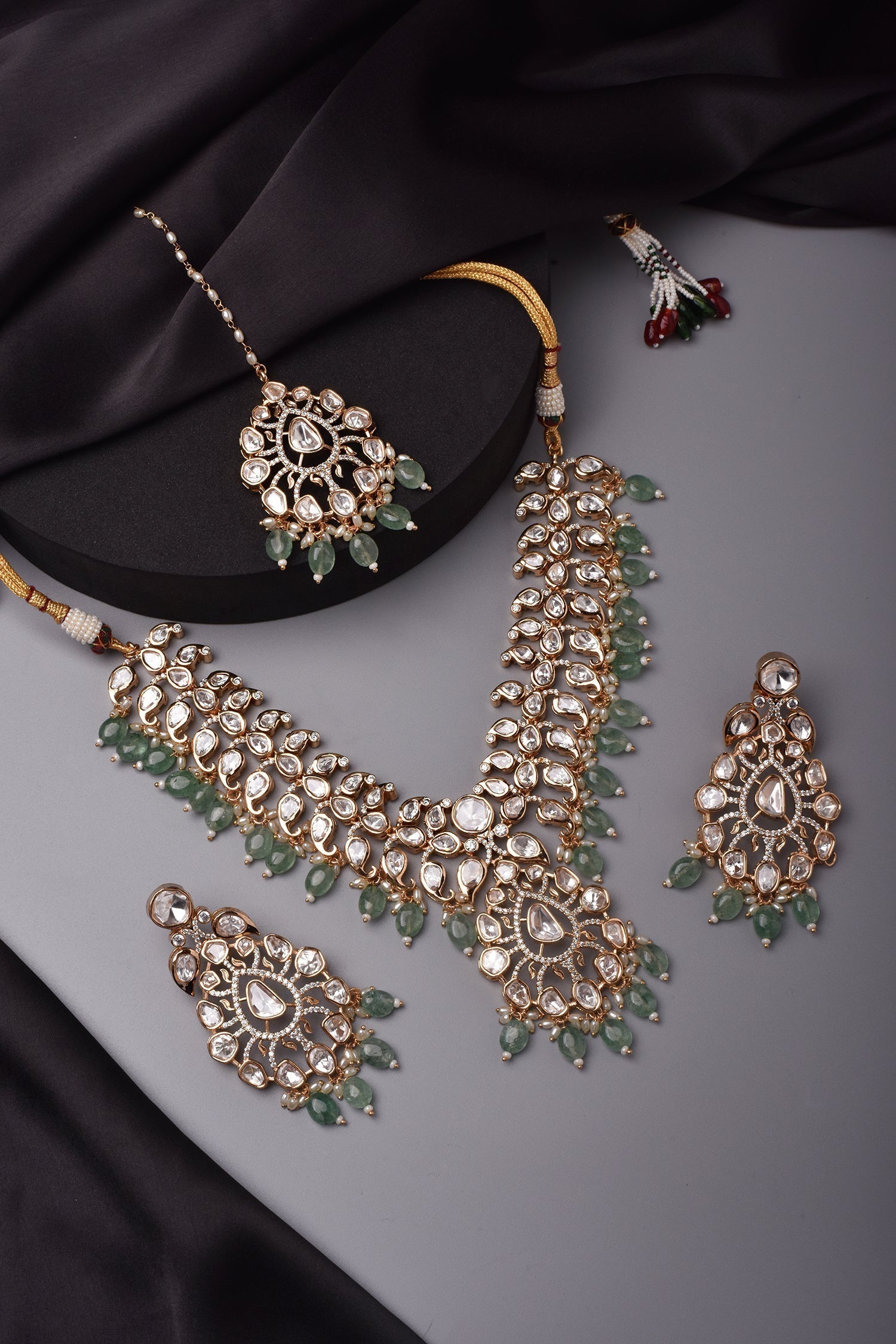 Green Rose Gold Tone Polki Necklace Set with Maang Tikka