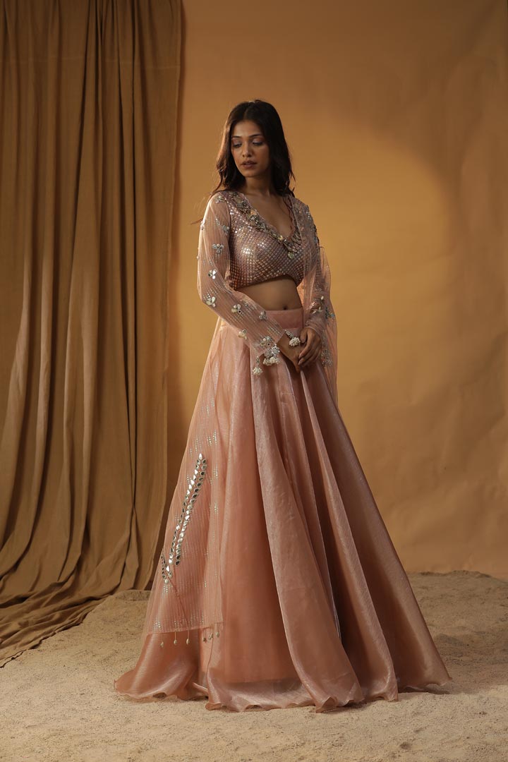 Image of PEACH ORGANZA LEHENGA SET