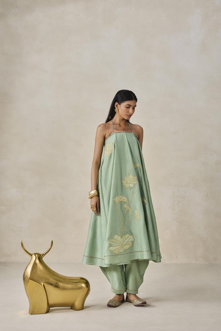 Sage Green Chanderi Offshoulder Kurta Set - Elegant Festive Wear