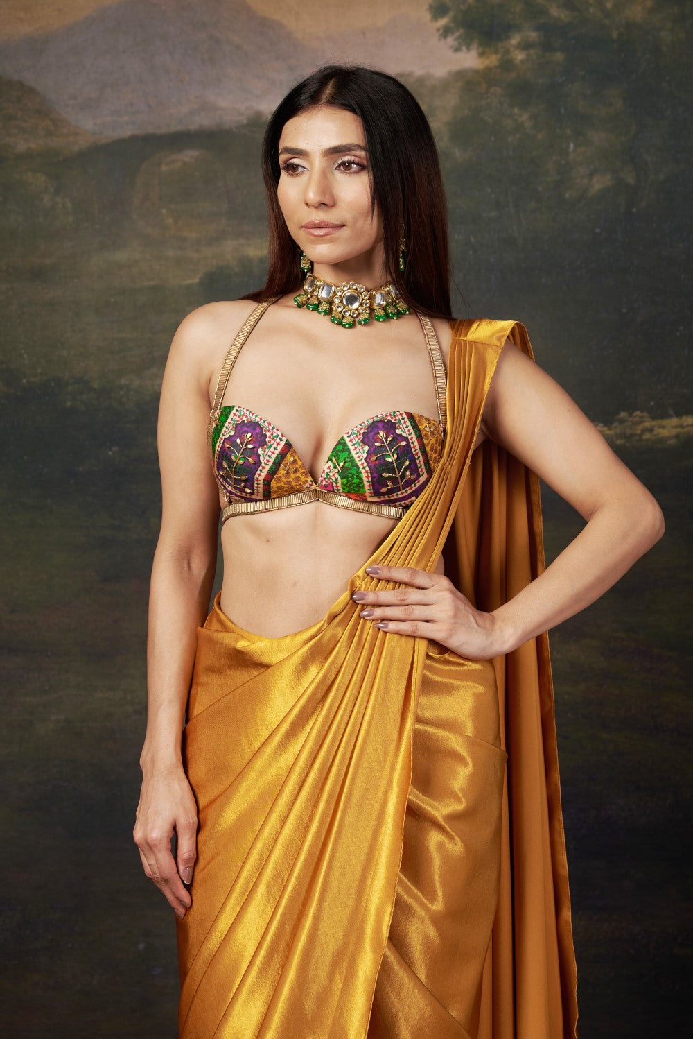 Bold Bralette Blouse with Hand-Embellished Liquid Gold Pre-Draped Saree