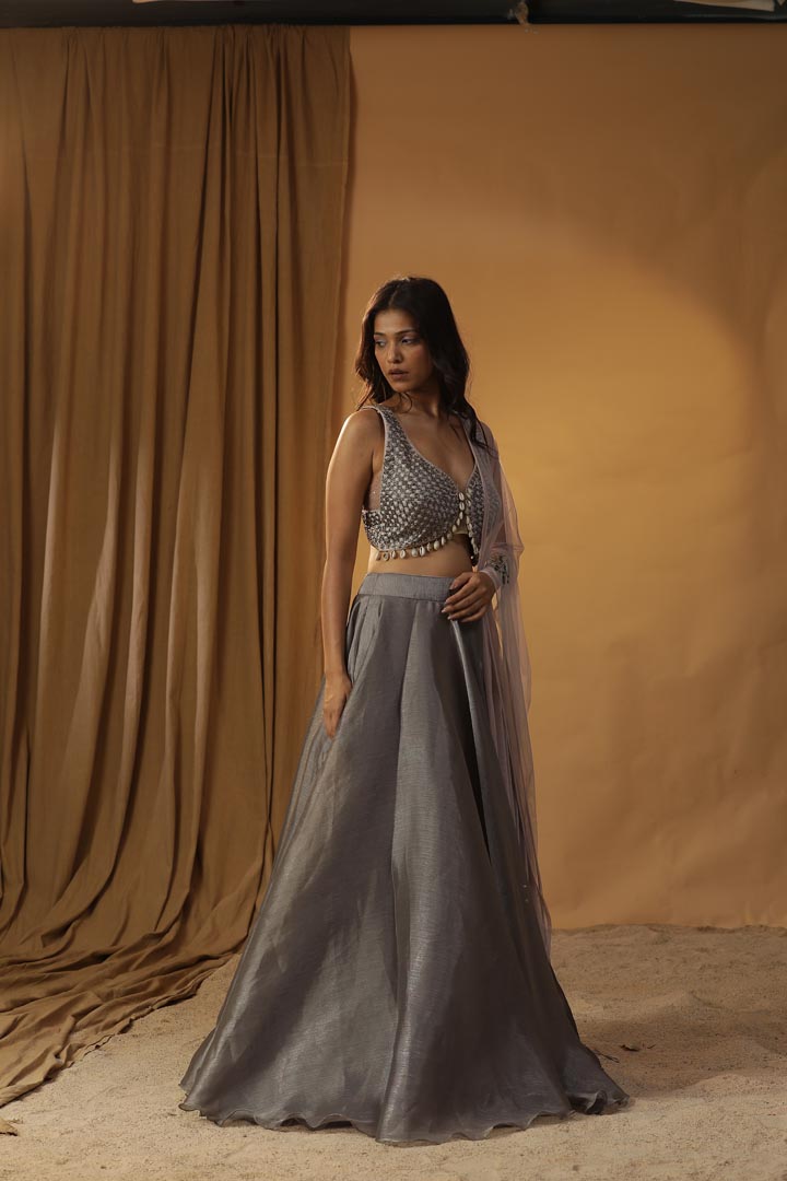 Image of GREY ORGANZA LEHENGA SET