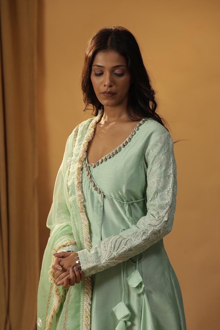 Image of PISTA GREEN ANGRAKHA SUIT SET