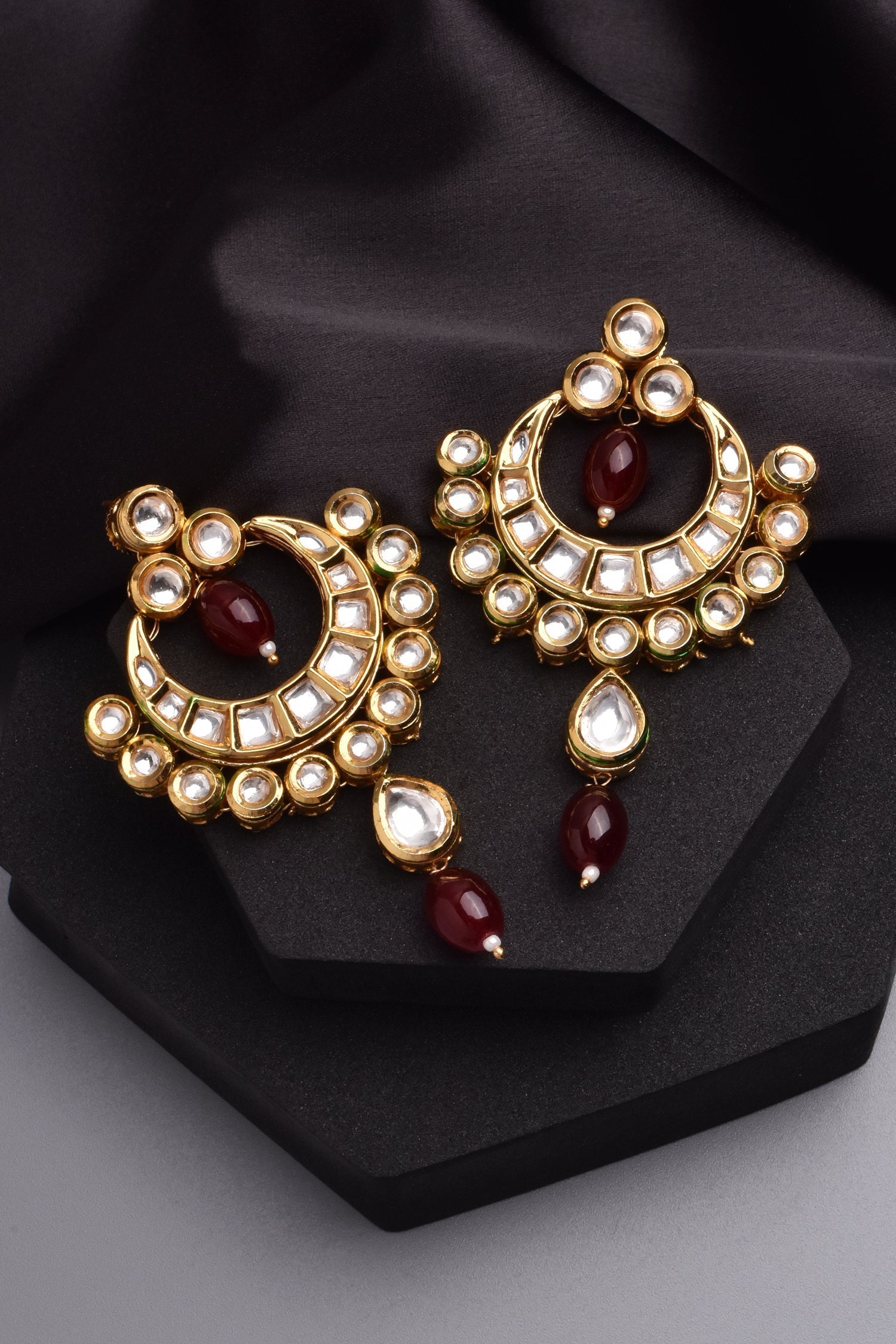 Red Gold Tone Kundan Chandbali Earrings