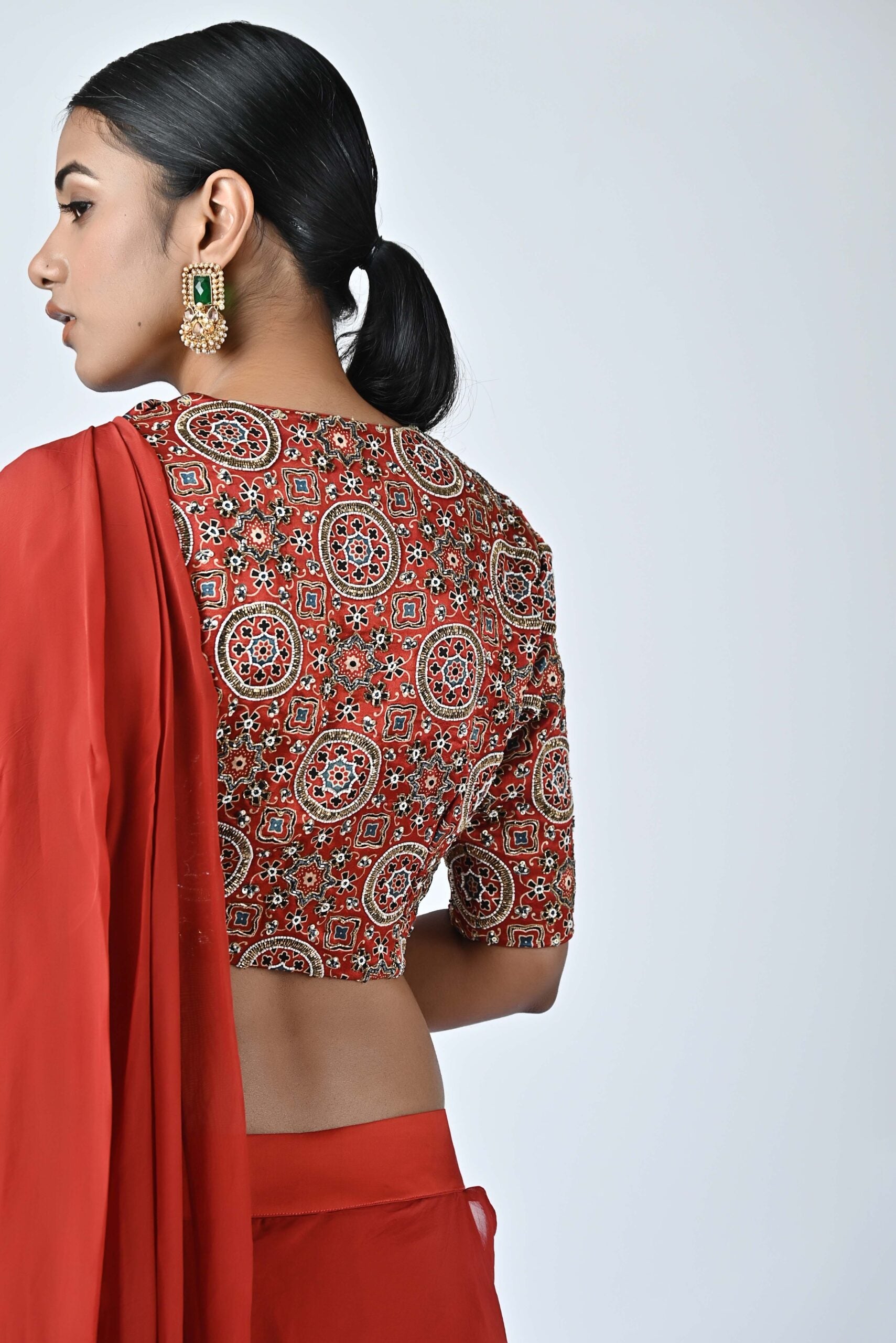 Ajrakh embroidered ruffle saree
