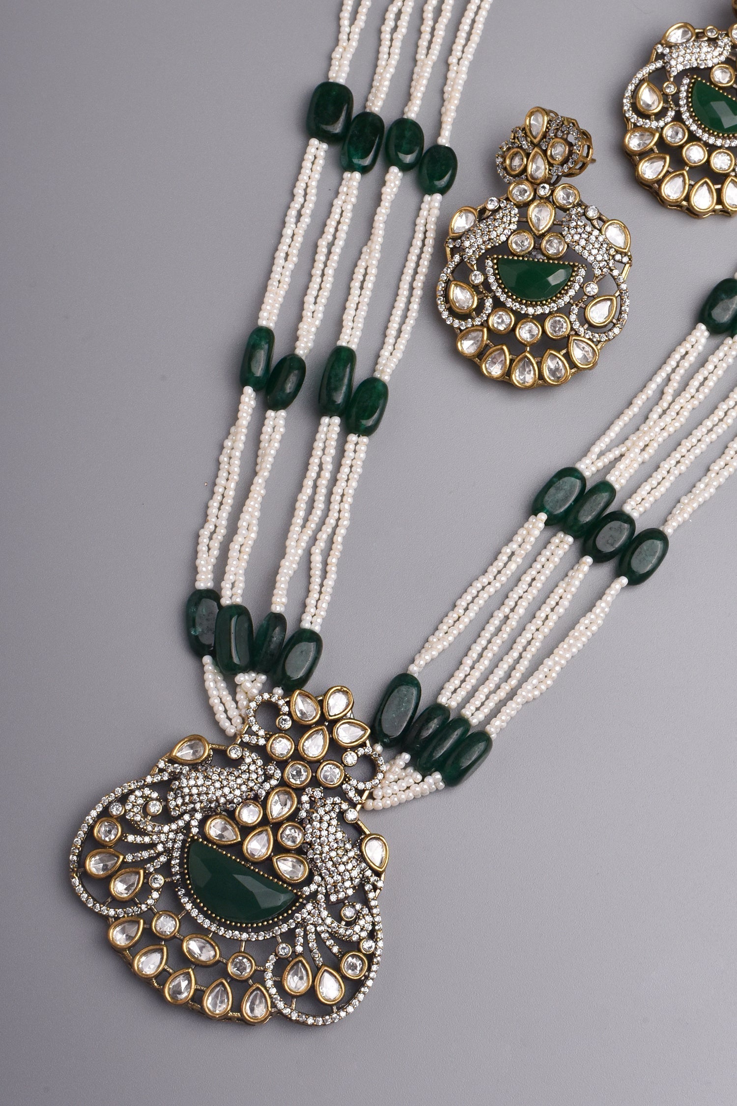 Green Silver Tone Victorian Polki Necklace Set