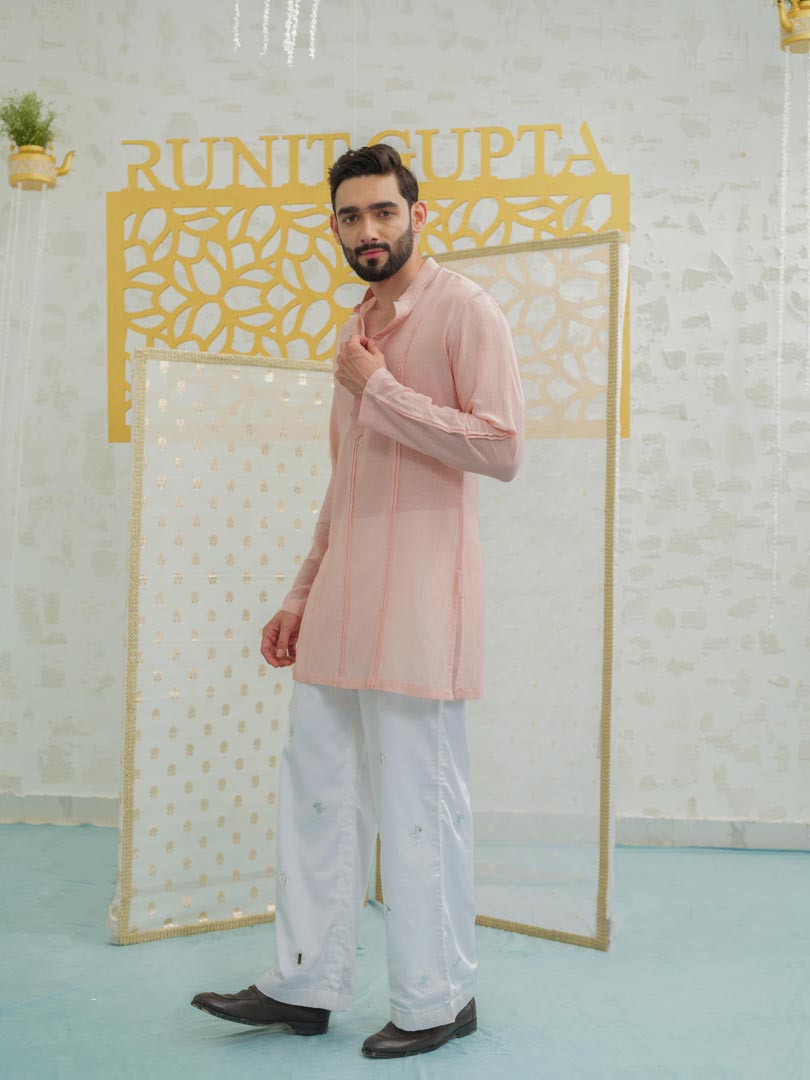 Pleat Pink kurta with Embroidered Pants