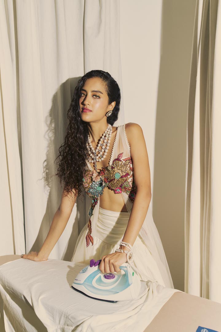 MULTICOLORED PRE DRAPED SAREE SET