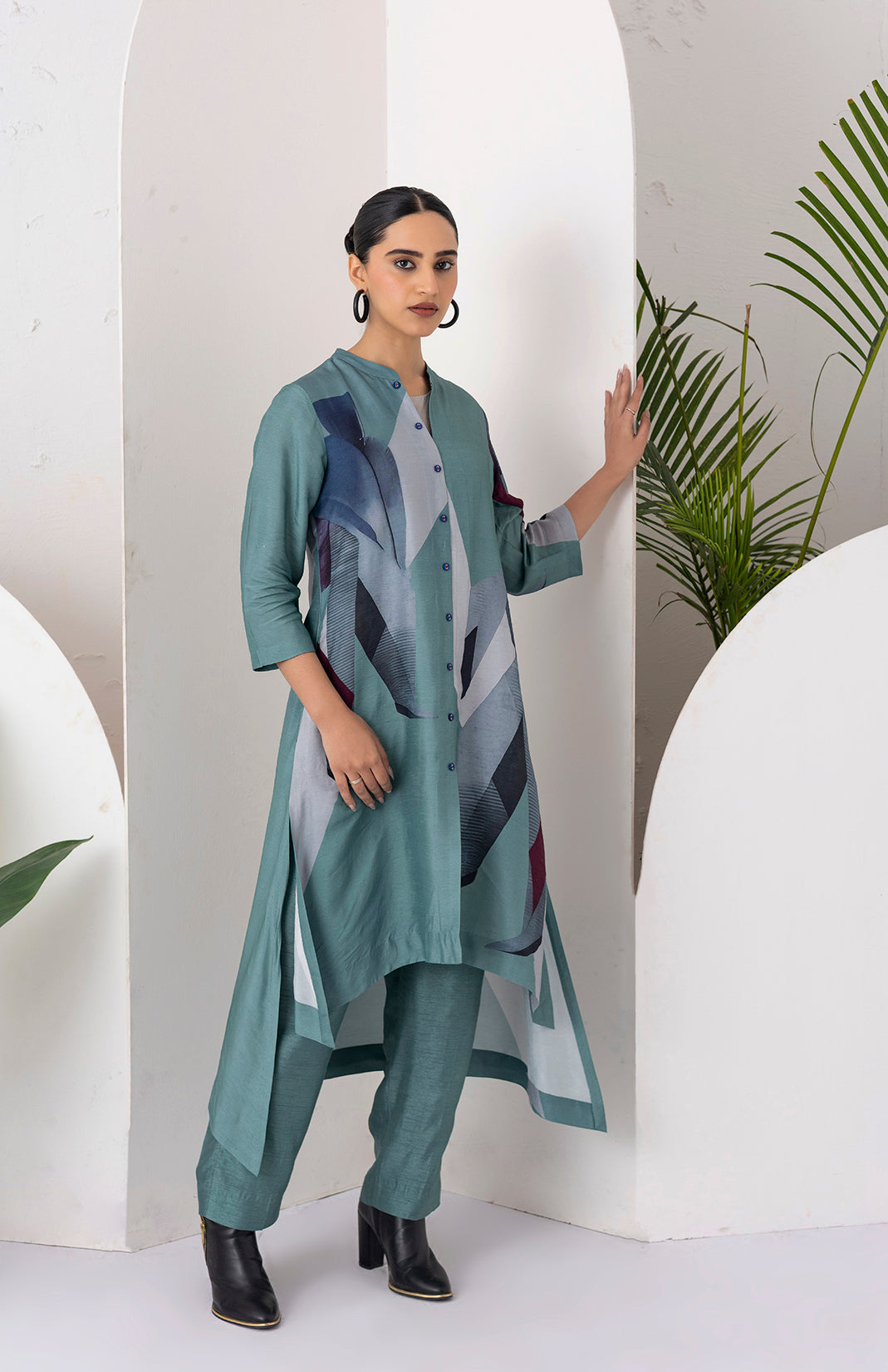 Sage Green Viscose Dupion Printed Dress (1 PC)