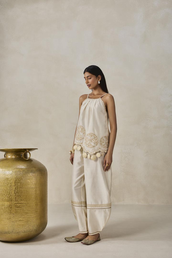 Ivory Chanderi Applique Strappy Short Top and Palazzo Set