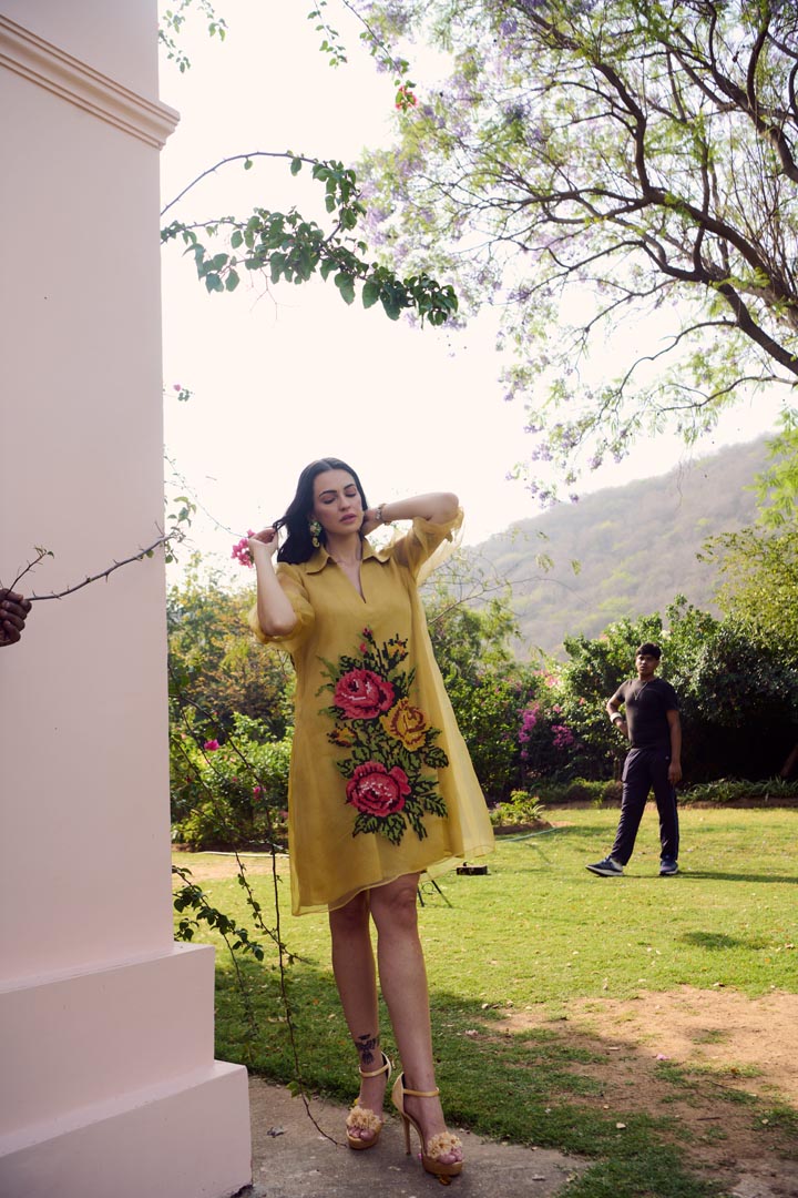 MUSTARD ORGANZA CROSS STITCH DRESS