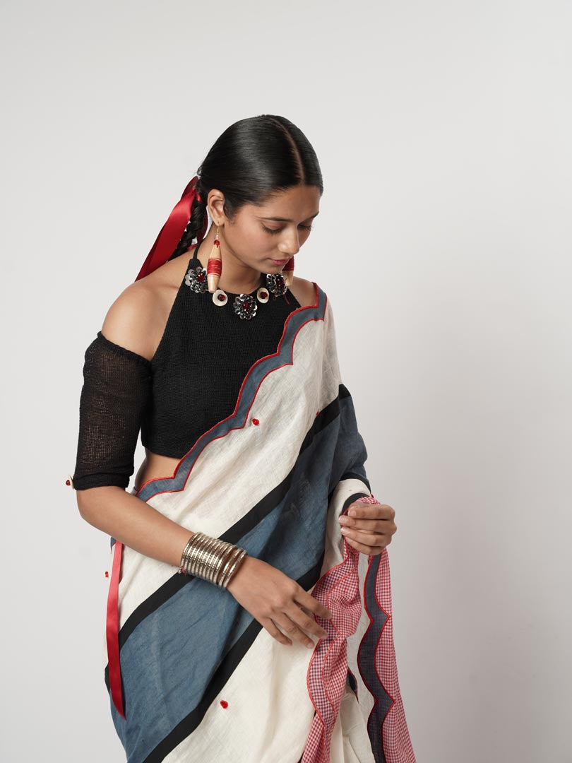 GAMCHA COLOUR BLOCK SCALLOP SAREE SET
