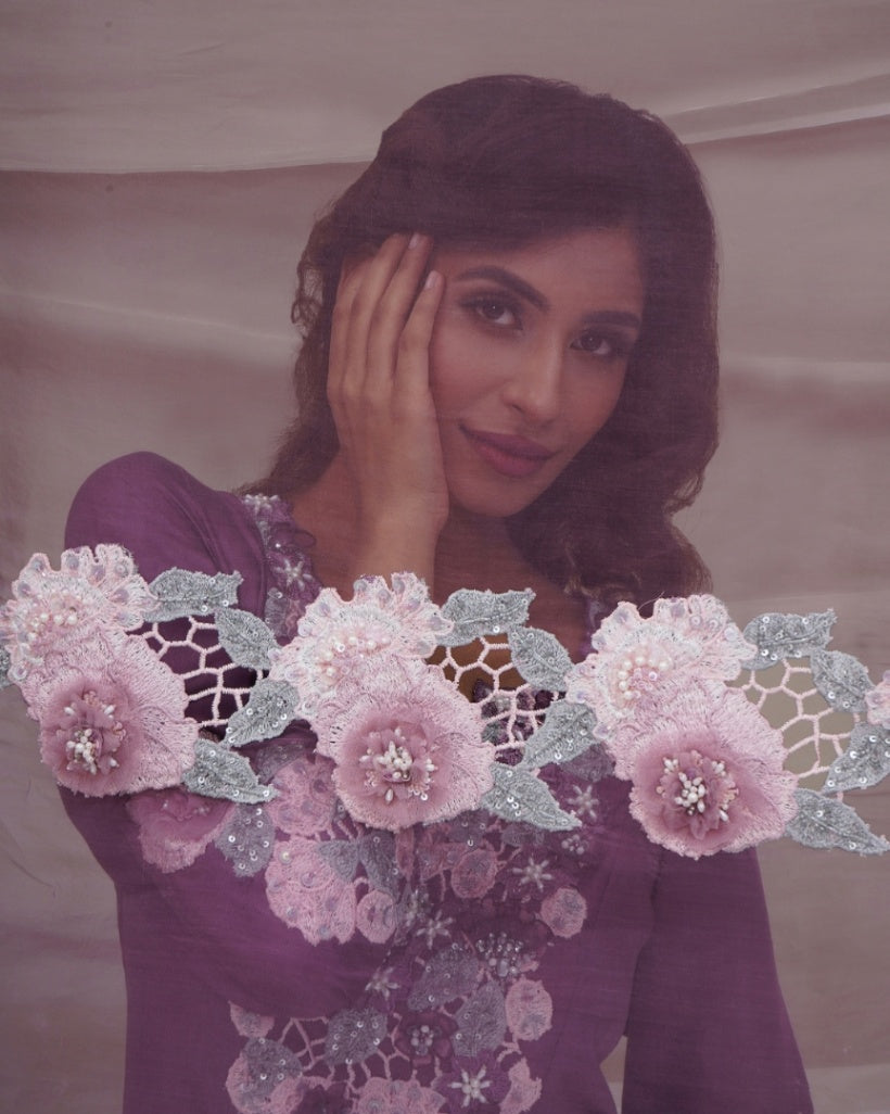 Lavender hand embroidered kurta set