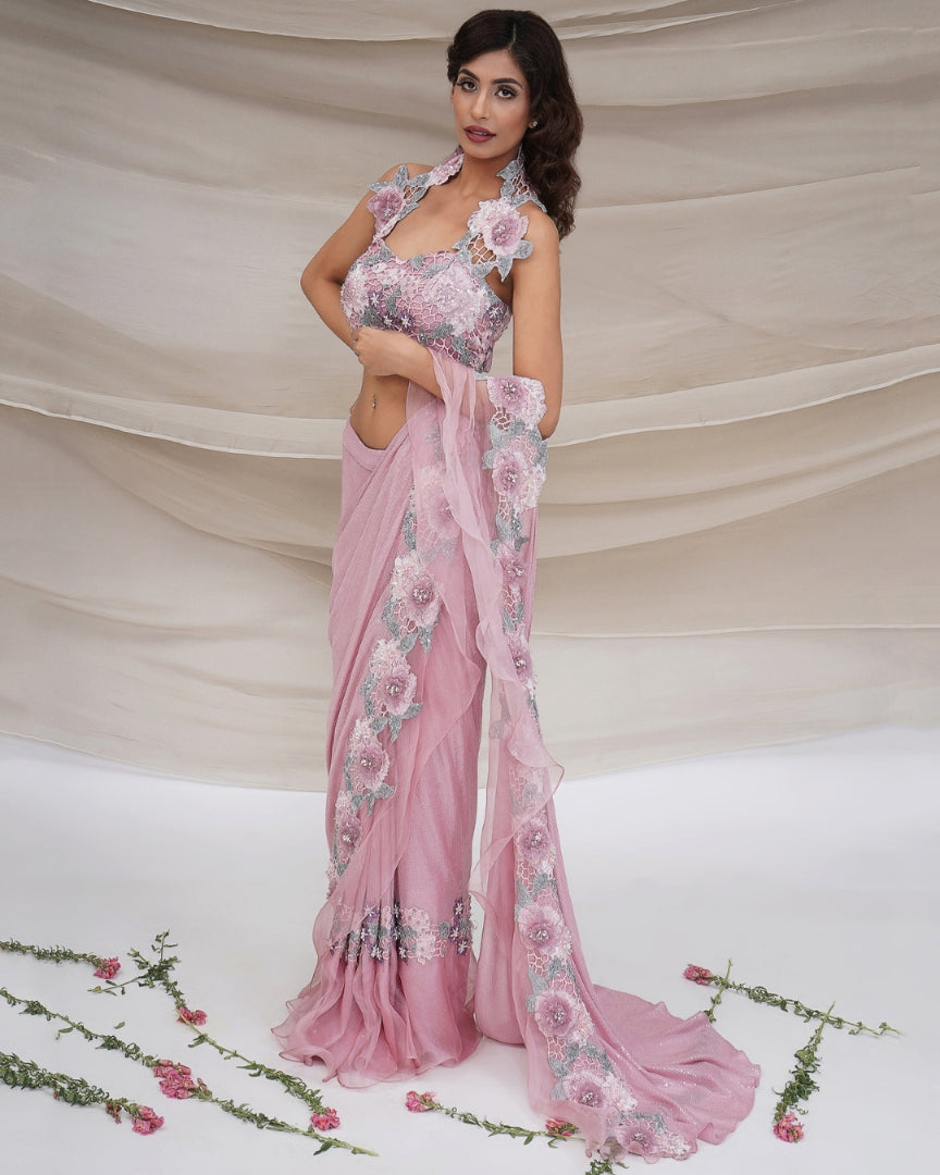 Pink Floral Sequin Sari