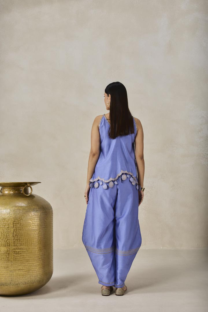 Ink Blue Chanderi Applique Strappy Top & Palazzo Set