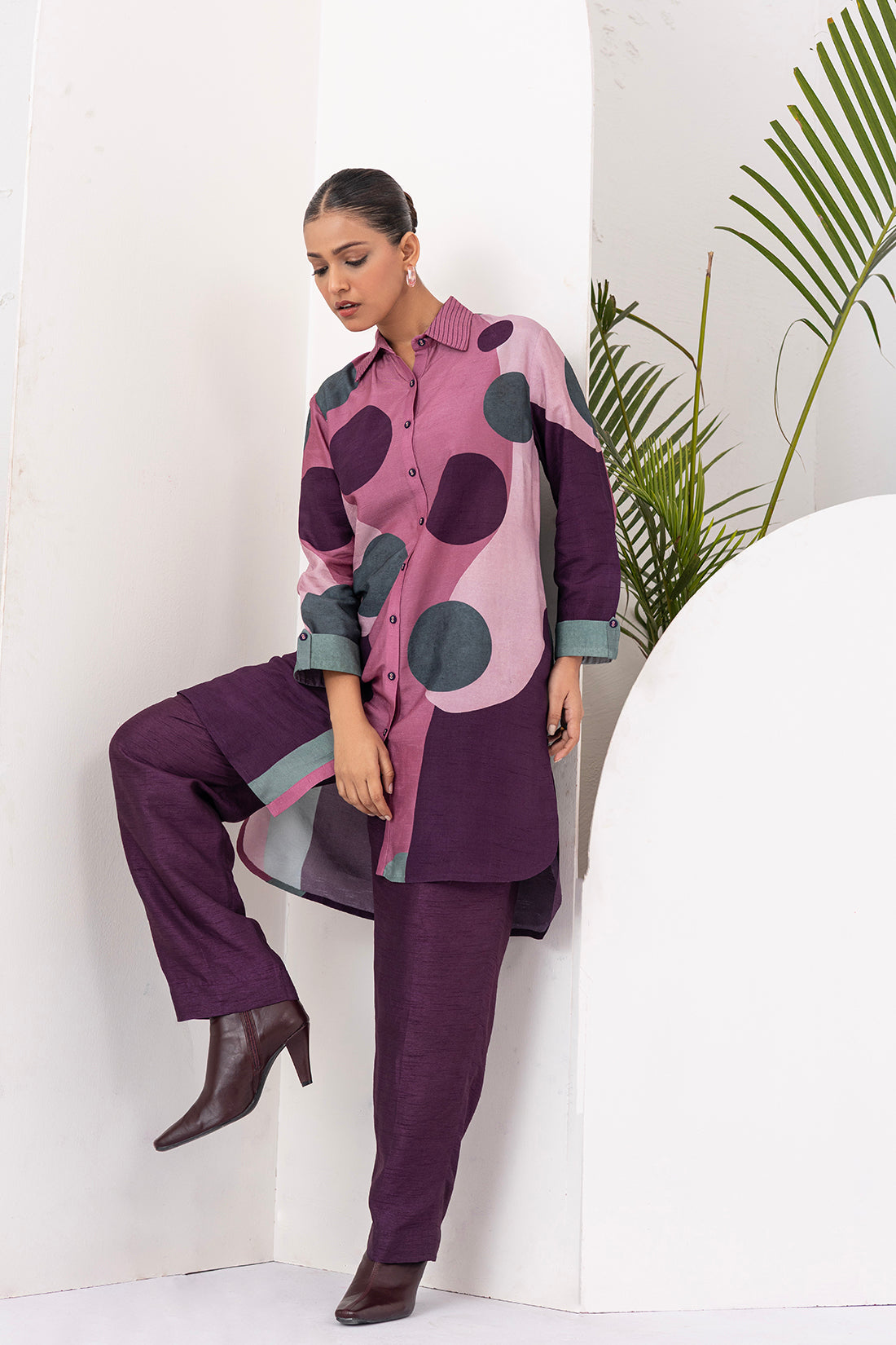 Salmon Pink & Wine Viscose Dupion Printed Shirt Style Tunic (1 PC)